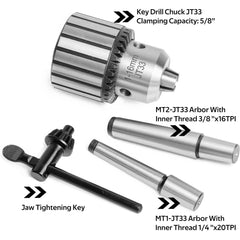 5/8-Inch Key Drill Chuck with one JT33-MT2 Taper Arbor Inner Thread 3/8"X16TPI and one JT33-MT1 Taper Arbor Thread 1/4"x20TPI for Drill Press, Wood lathe or Mill.