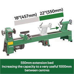 Verlängerungsbett für Drechselbank, kompatibel mit der 10 x 18 Zoll großen Holzdrehbank 65345 von Harbor Freight Central Machinery in der Farbe Grün. 