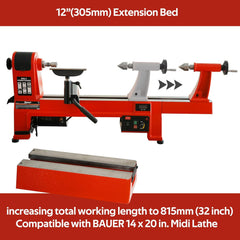 Extension Bed 305mm (12 inch) for Woodturning Lathe, Compatible with Harbor Freight Central Machinery BAUER 14 x 20 in. Wood Midi Lathe, increasing total working length to 815mm (32 inch)