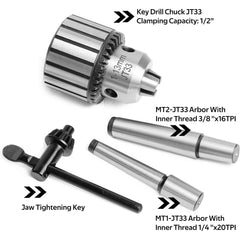 1/2-Inch Key Drill Chuck with one JT33-MT2 Taper Arbor Inner Thread 3/8"X16TPI and one JT33-MT1 Taper Arbor Thread 1/4"x20TPI for Drill Press, Wood lathe or Mill.