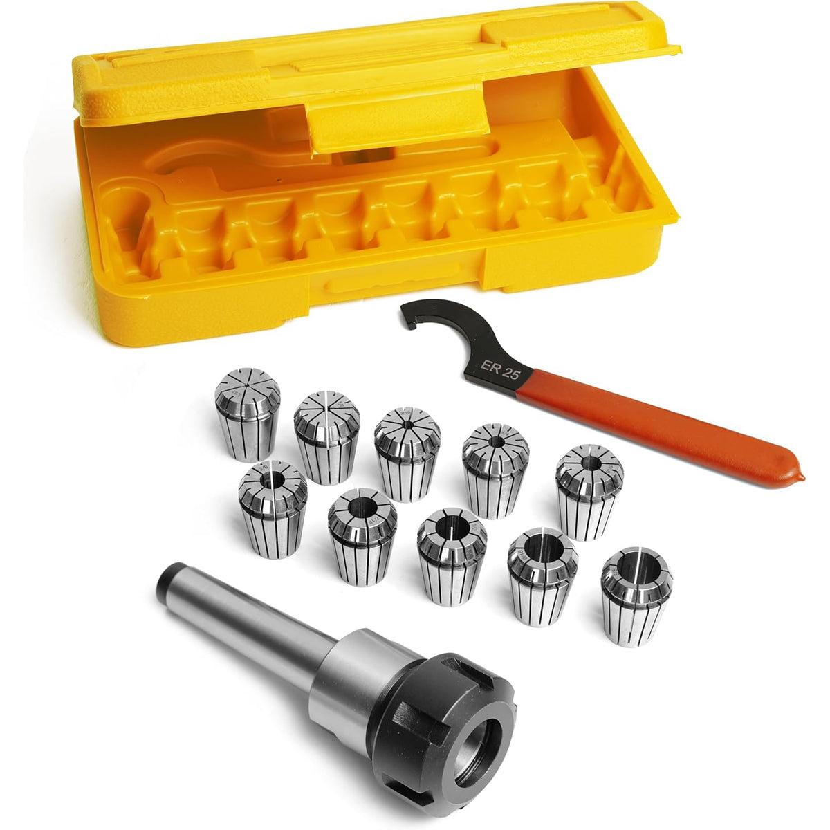 ER25 10Pcs Set Imperial Sizes MT2 Chuck Holder with Inner Thread 3/8”X16TPI Included 3/32", 1/8", 3/16", 1/4", 5/16", 3/8", 7/16", 1/2", 9/16", 5/8" Collets for Woodturning Woodworking Lathe.