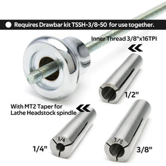 3 Pcs Set Draw Bar Collet Chuck 1/2", 3/8", 1/4", MT2 Taper, with Inner Thread 3/8 "x16TPI for Woodturning Wood Lathe.