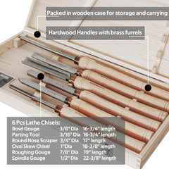 6pcs HSS Wood Lathe Chisel Set, Turning Tools, Woodworking Lathe Tools with Wooden Box, Bowl Gouge, Parting Tool, Round Nose Scraper, Oval Skew Chisel, Roughing Gouge and Spindle Gouge.