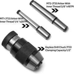 1/2-Inch Keyless Drill Chuck with one JT33-MT2 Taper Arbor Inner Thread 3/8"X16TPI and one JT33-MT1 Taper Arbor with 1/4"x20TPI for Drill Press, Wood lathe or Mill.