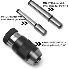 5/8-Inch Keyless Drill Chuck with one JT33-MT2 Taper Arbor Inner Thread 3/8"X16TPI and one JT33-MT1 Taper Arbor with 1/4"x20TPI for Drill Press, Wood lathe or Mill.